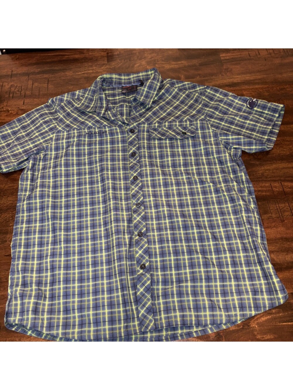 Mammut Men's S/S Button Front Blue Plaid Size X- Large Embroidered Outdoor